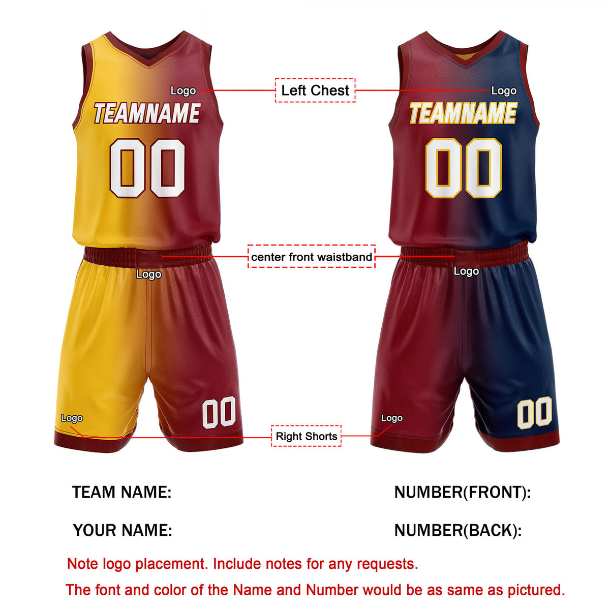 Custom Reversible Yellow Burgundy Navy Basketball Uniform Set | Team & Player Name - Vosoli