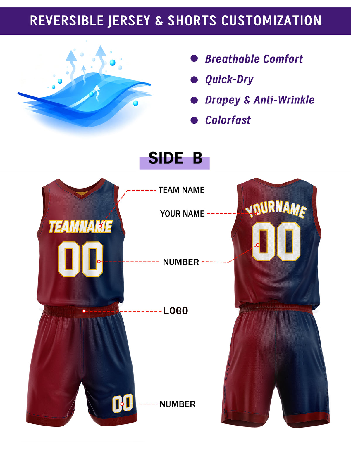 Custom Reversible Yellow Burgundy Navy Basketball Uniform Set | Team & Player Name - Vosoli