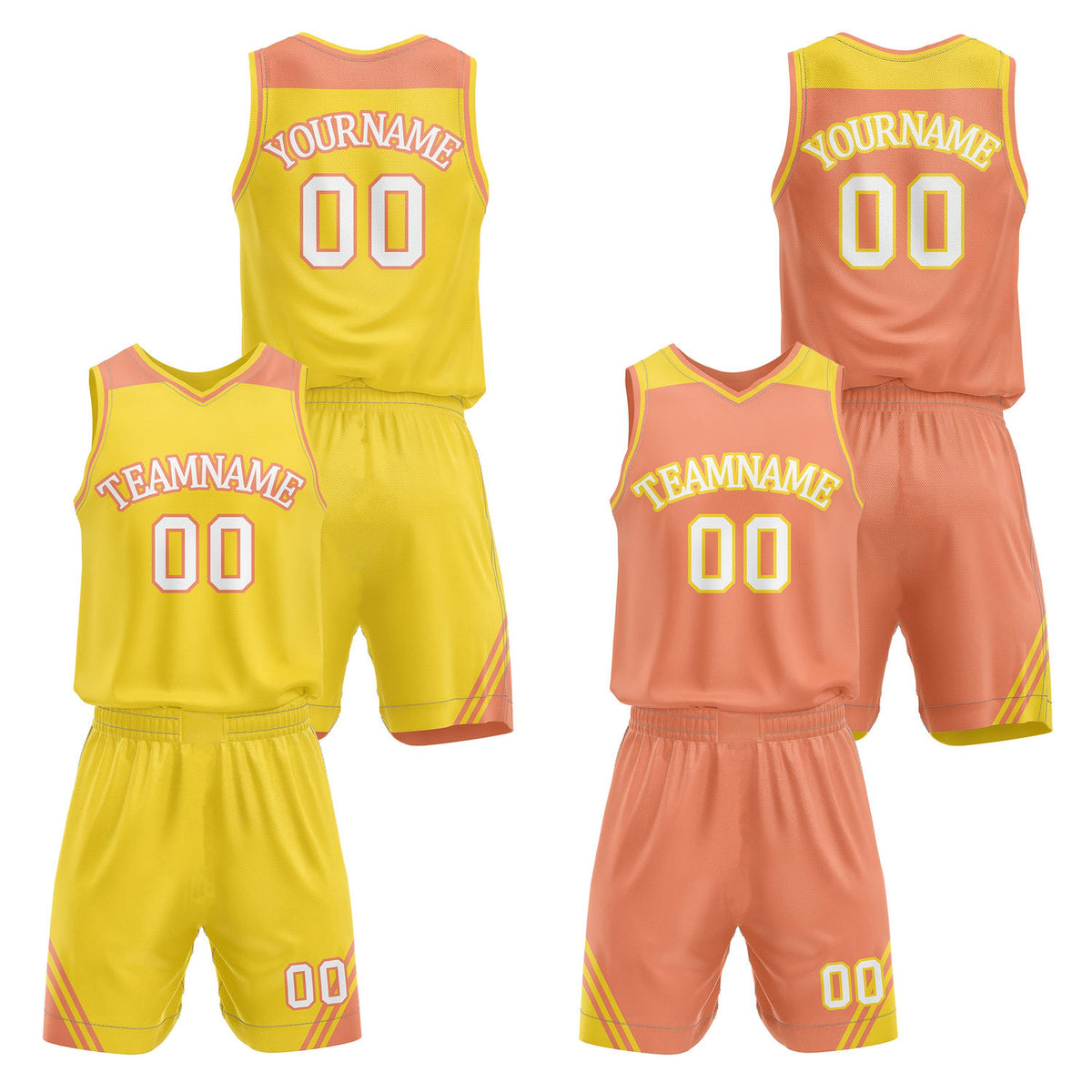Custom reversible yellow &amp; coral basketball uniform set, personalized with team name number and logo, breathable mesh fabric for men women youth game practice - Vosoli