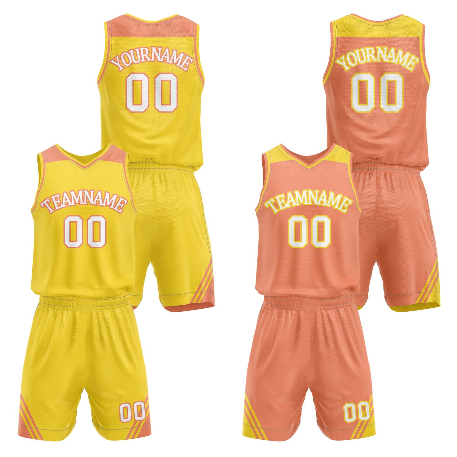 Custom reversible yellow & coral basketball uniform set, personalized with team name number and logo, breathable mesh fabric for men women youth game practice - Vosoli