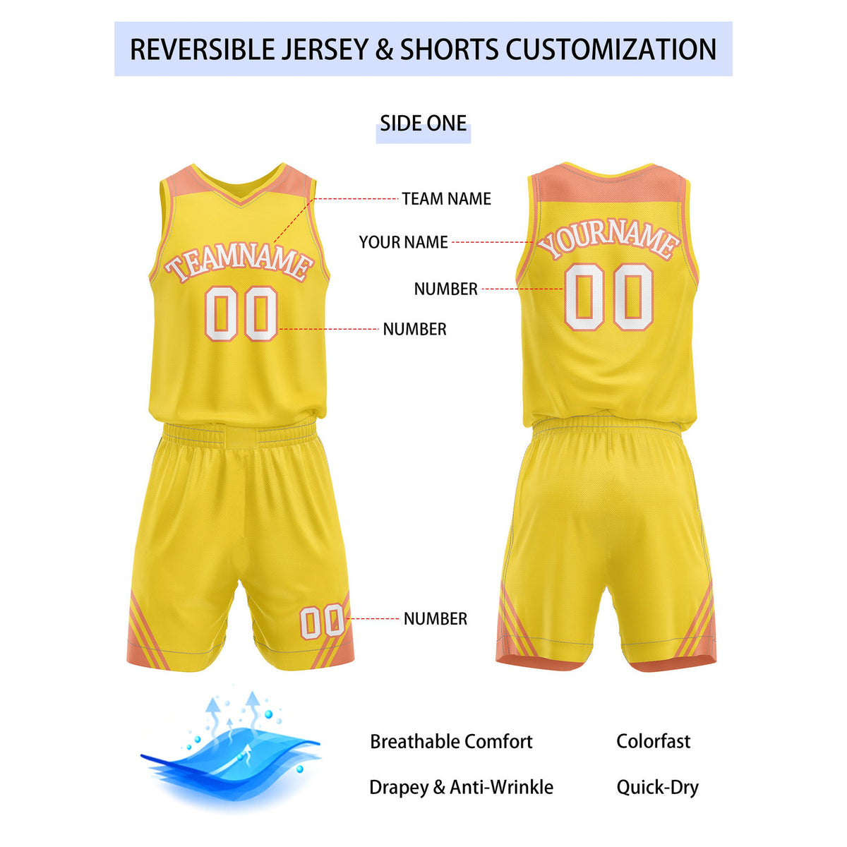 Custom Reversible Yellow Coral Basketball Uniform Set | Team Name & Number - Vosoli