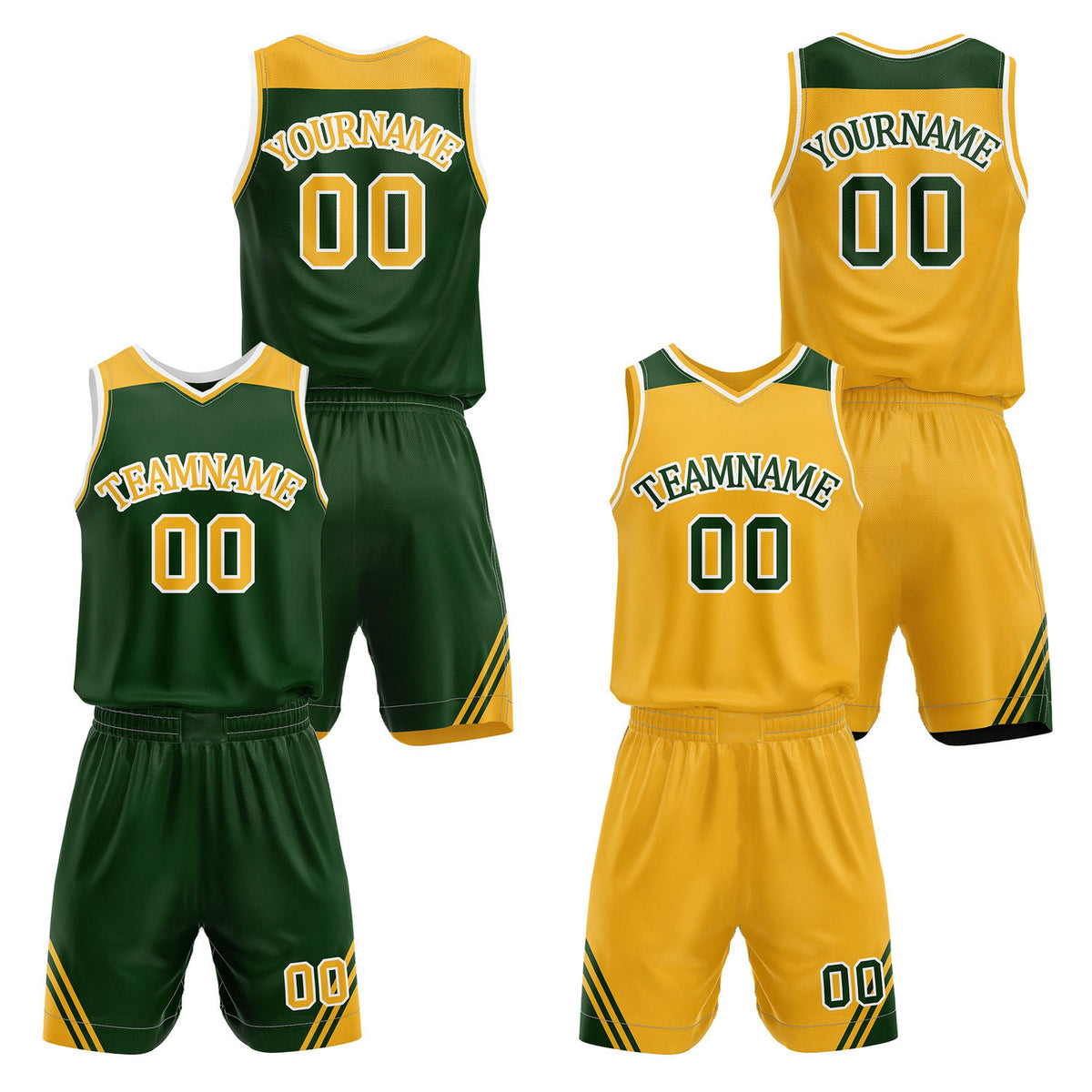 Custom reversible  green &amp; gold basketball uniform set, personalized with team name number and logo, breathable mesh fabric for men women youth game practice - Vosoli