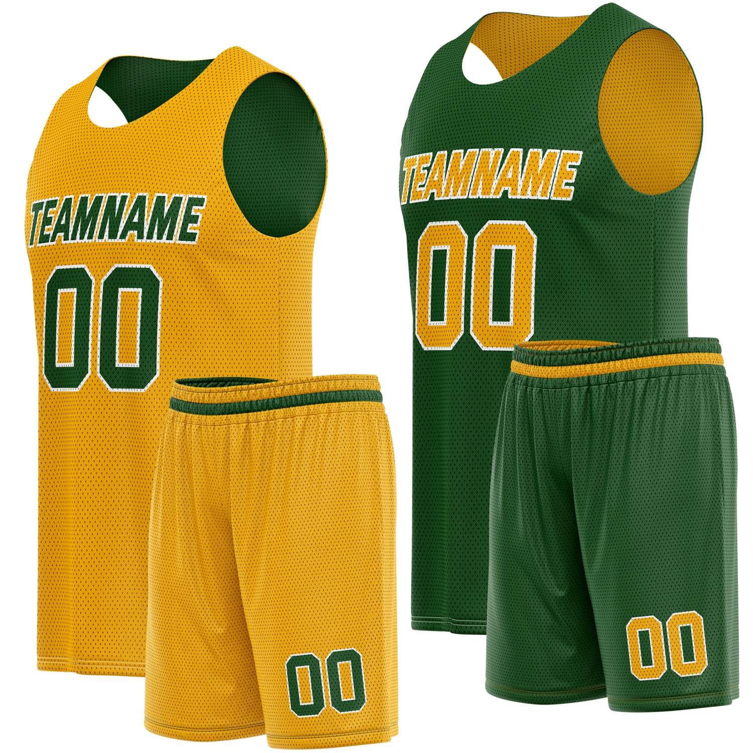 Custom reversible yellow green basketball jersey shorts set - personalized team name, number and logo - breathable mesh uniform for men women youth games and practices - Vosoli