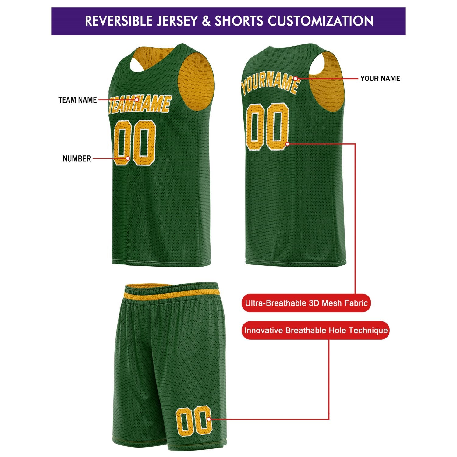 Custom Reversible Yellow Green Basketball Jersey & Shorts Set | Personalized Team Kit | Vosoli