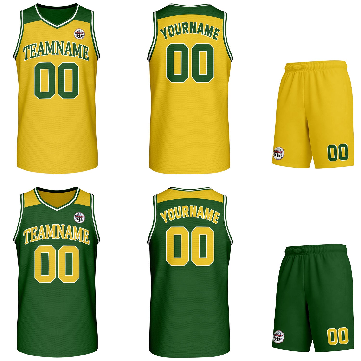 Custom reversible yellow & green basketball uniform set, personalized with team name number and logo, breathable mesh fabric for men women youth game practice - Vosoli