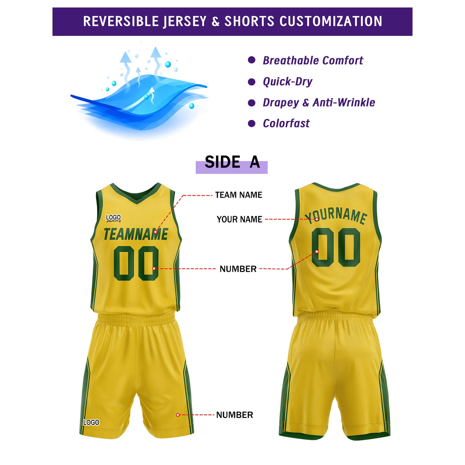 Custom Reversible Yellow Green Basketball Jersey and Shorts Set, Personalized Team Name Number Breathable Mesh Uniform for Men Women Youth