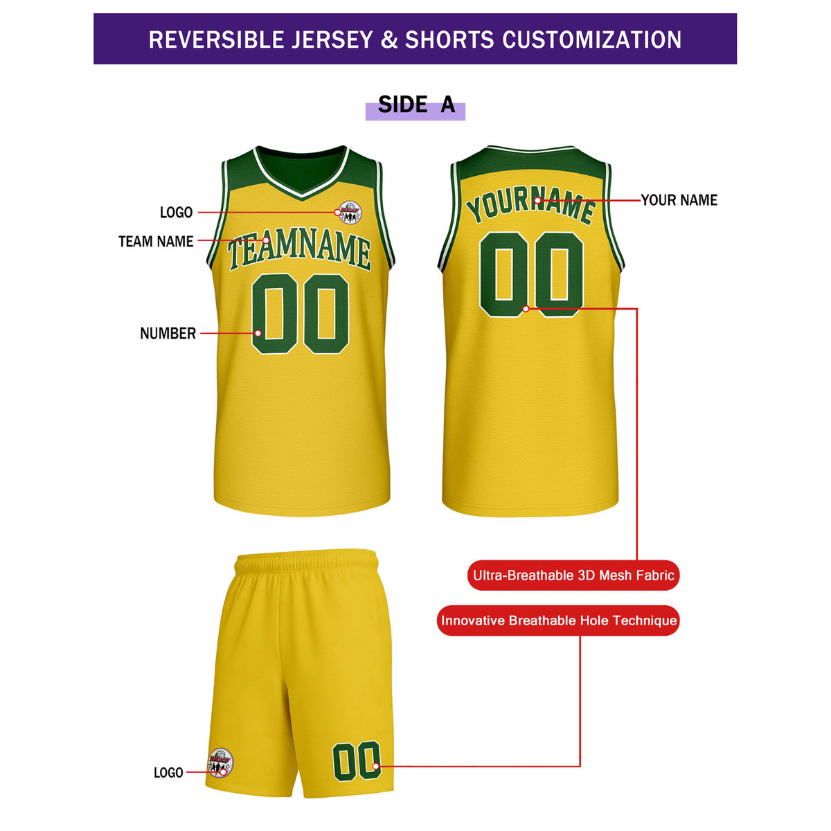 Custom Reversible Yellow Green Basketball Uniform Set | Team Name & Number - Vosoli