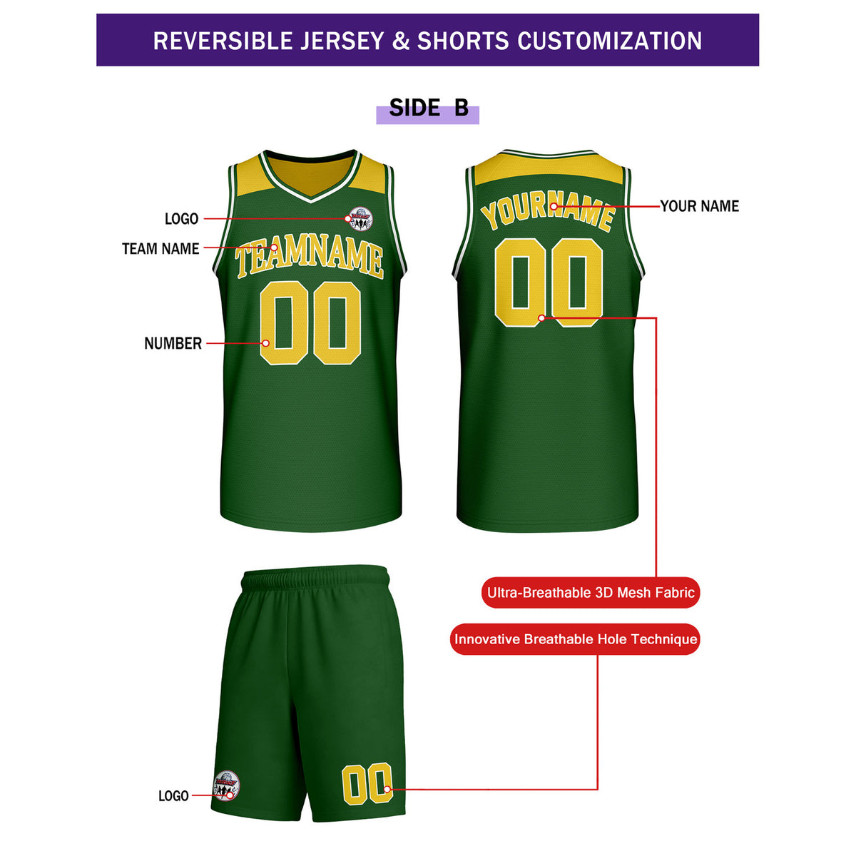 Custom Reversible Yellow Green Basketball Uniform Set | Team Name & Number - Vosoli