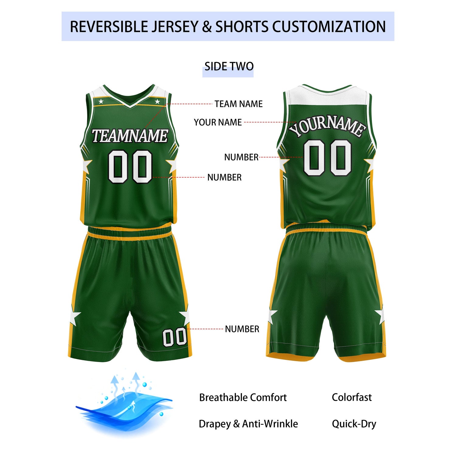 >Custom reversible yellow & green basketball uniform set, personalized with team name number and logo, breathable mesh fabric for men women youth game practice - Vosoli