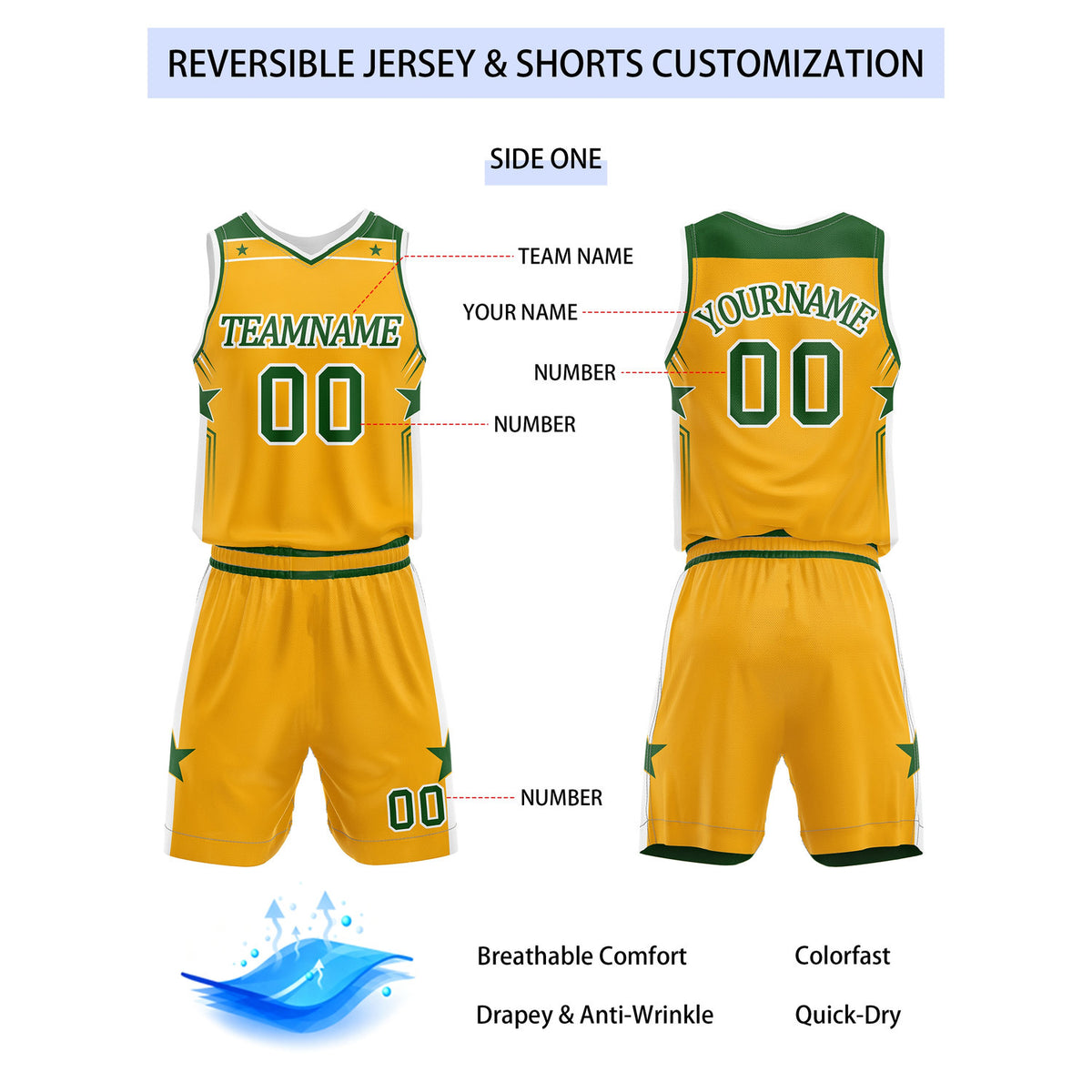 Custom Reversible Yellow Green Star Basketball Uniform Set | Team Name & Number - Vosoli