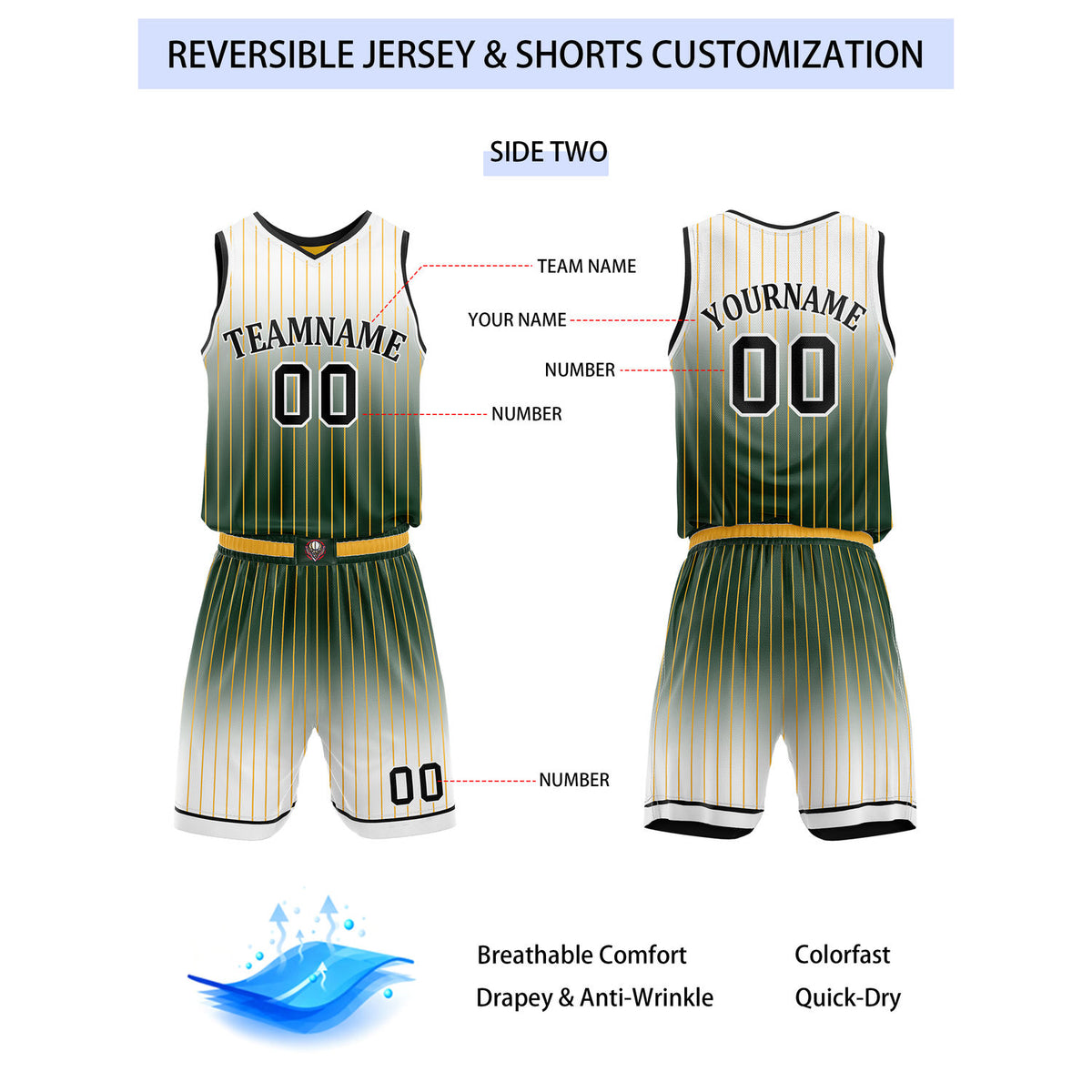 Custom Reversible Yellow Green White Gradient Striped Basketball Uniform Set | Team & Player Name - Vosoli