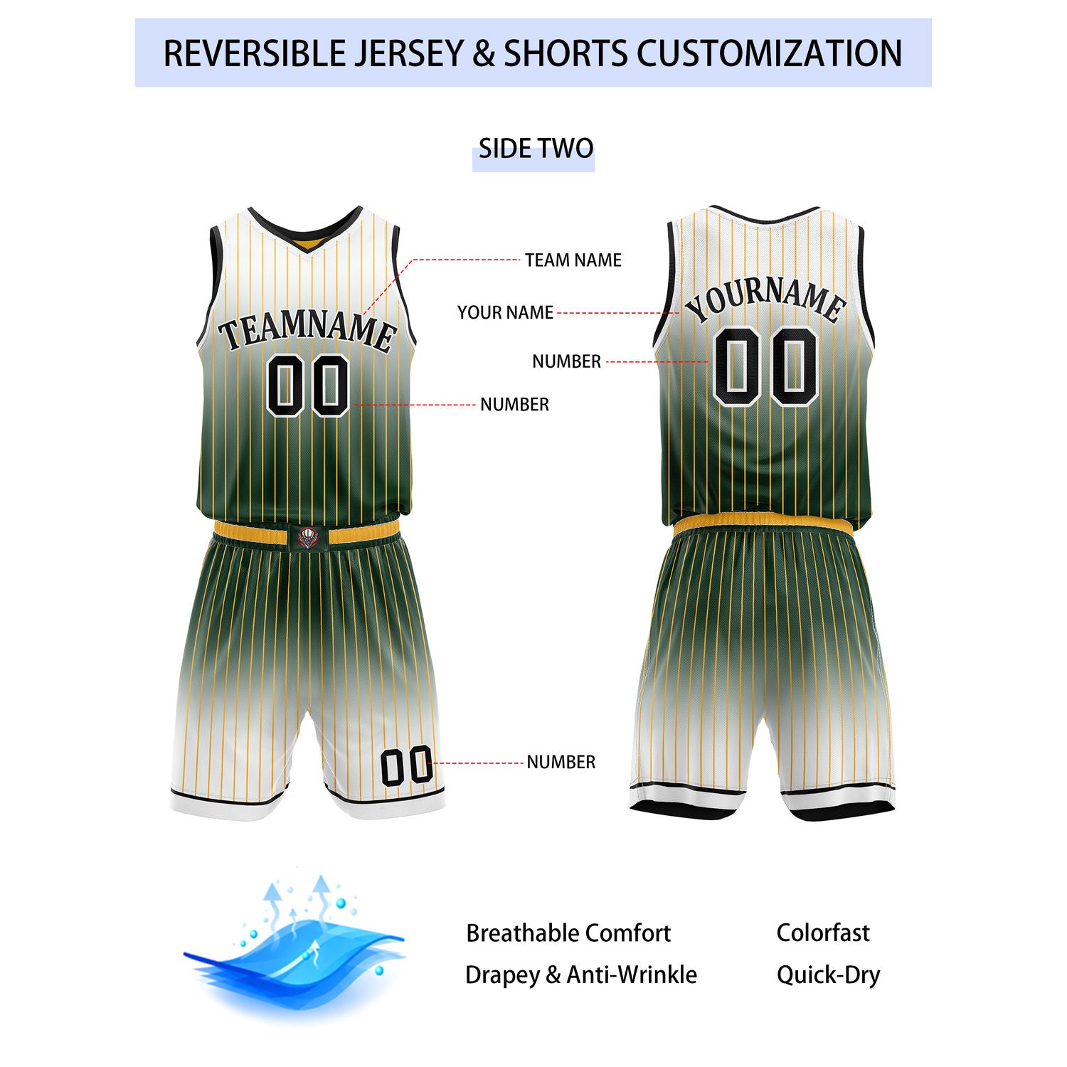 Custom Reversible Yellow Green White Gradient Striped Basketball Uniform Set | Team & Player Name - Vosoli