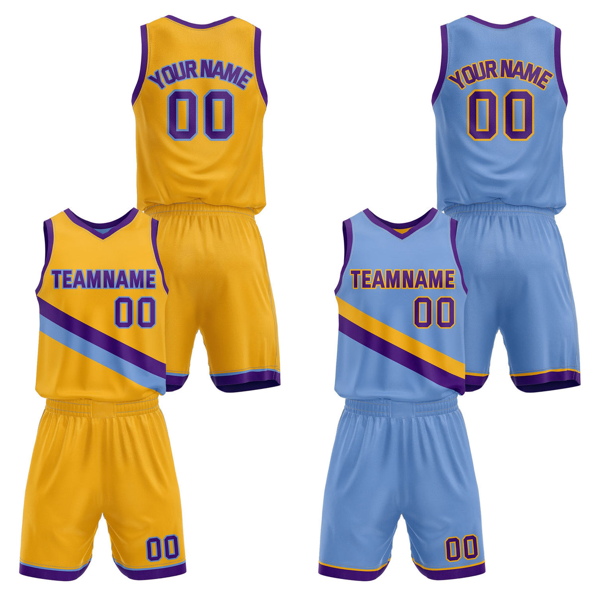 Custom Reversible Yellow Light Blue Purple Basketball Uniform Set | Team &amp; Player Name - Vosoli