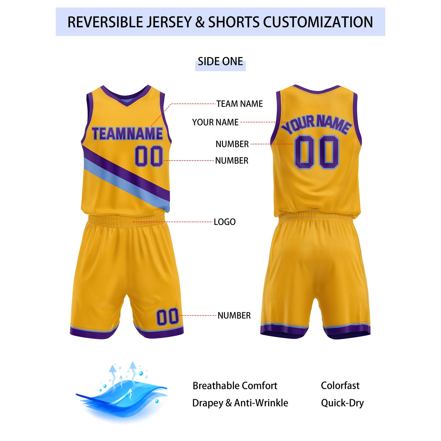 Custom Reversible Yellow Light Blue Purple Basketball Uniform Set | Team & Player Name - Vosoli