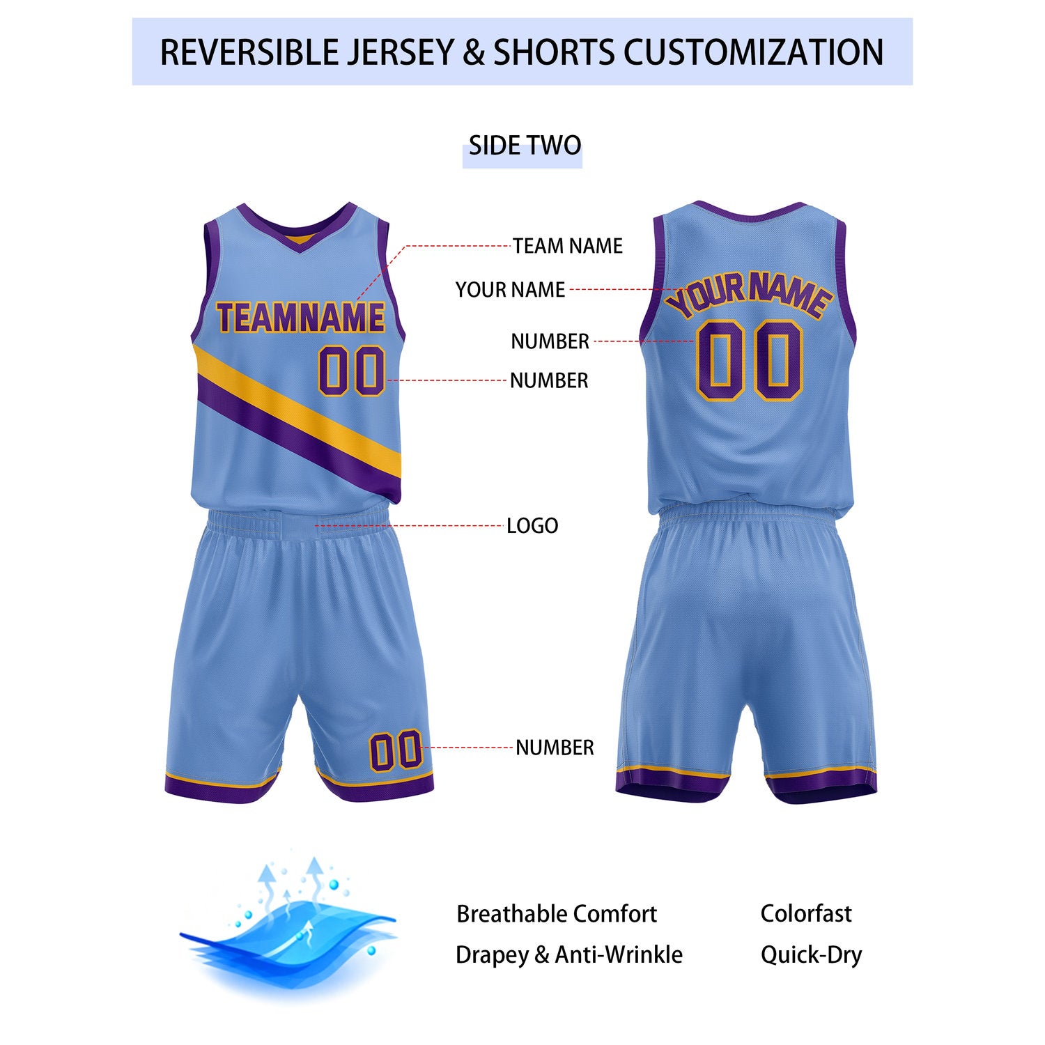 Custom Reversible Yellow Light Blue Purple Basketball Uniform Set | Team & Player Name - Vosoli