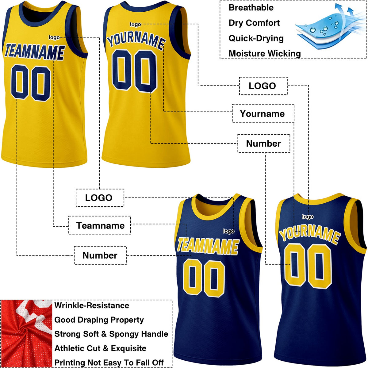 Custom Reversible Yellow & Navy Basketball Jersey | Personalized Team Jersey | Vosoli