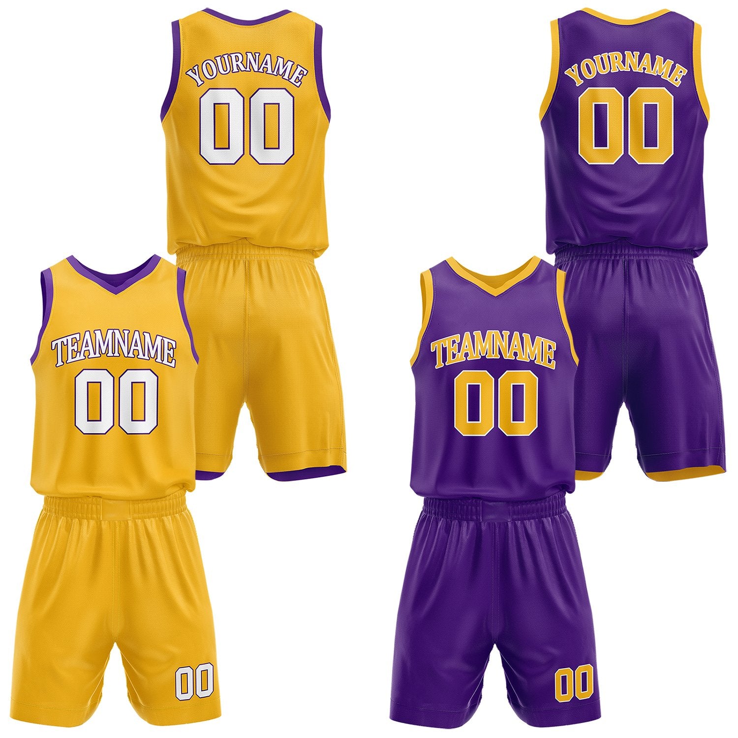 Custom reversible yellow & purple basketball uniform set, personalized with team name number and logo, sports jersey and shorts for men women youth game practice - Vosoli