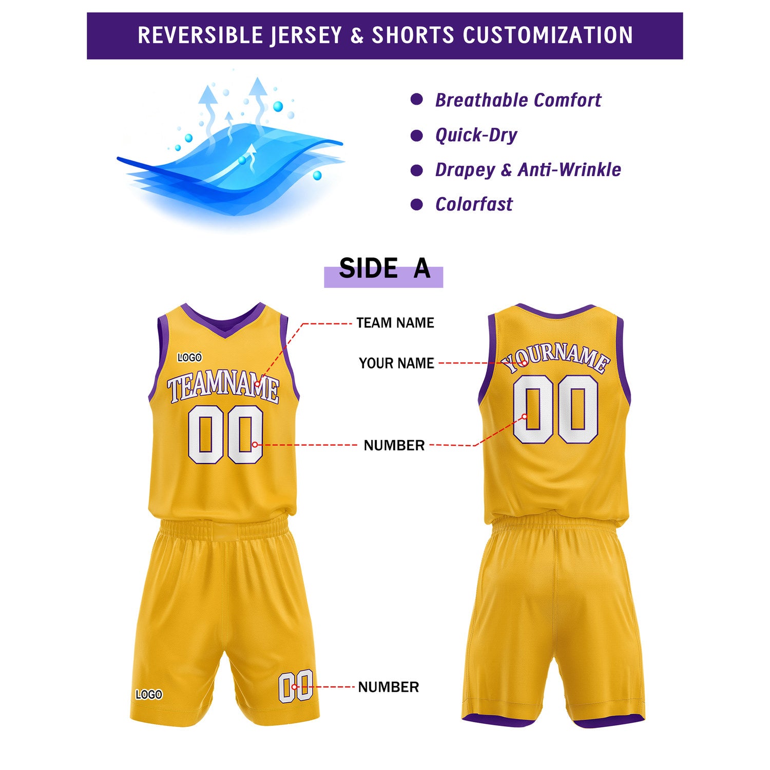 Custom reversible yellow & purple basketball uniform set, personalized with team name number and logo, sports jersey and shorts for men women youth game practice - Vosoli