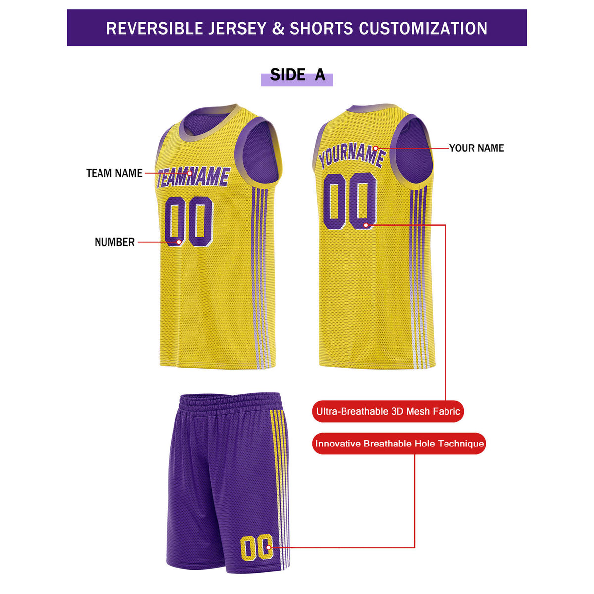 Custom Reversible Yellow Purple Basketball Uniform Set | Team & Player Name - Vosoli