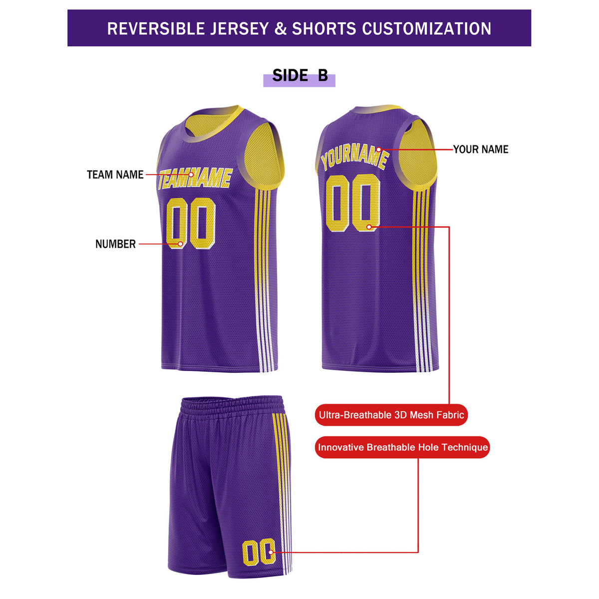 Custom Reversible Yellow Purple Basketball Uniform Set | Team & Player Name - Vosoli