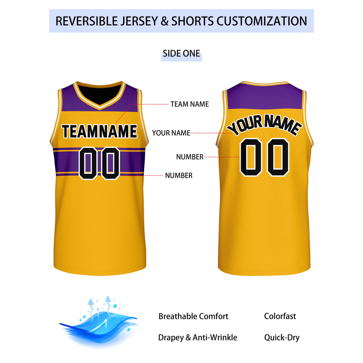 Custom Reversible Yellow Purple Block Basketball Jersey | Team & Player Name - Vosoli