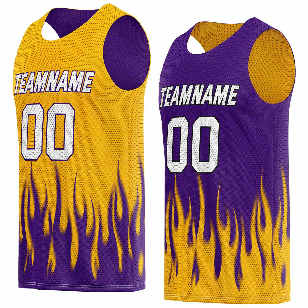 Custom Reversible Yellow Purple Flame Basketball Jersey | Personalized Team Top - Vosoli