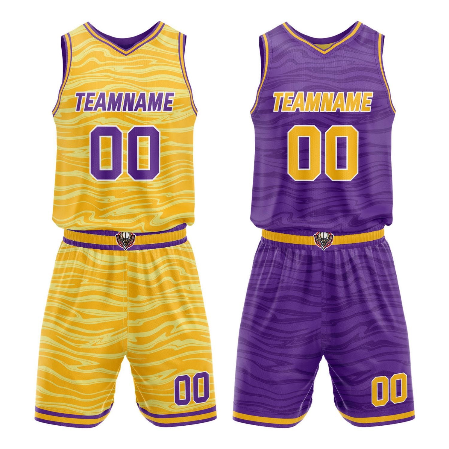 Custom Reversible Yellow & Purple Wave Basketball Jersey Set - Personalized Team Name, Number & LOGO | Vosoli