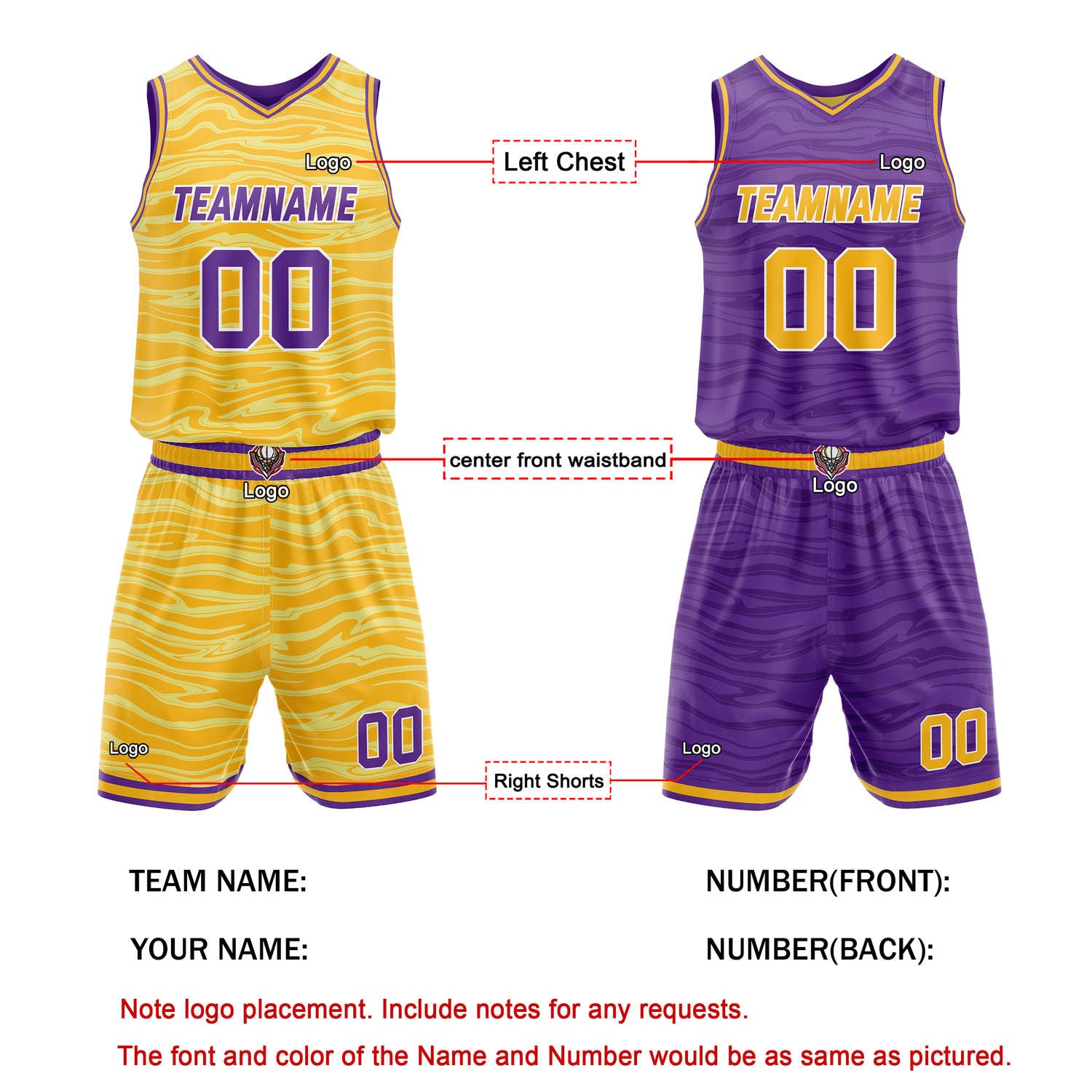 Custom Reversible Yellow & Purple Wave Basketball Jersey Set - Personalized Team Name, Number & LOGO | Vosoli