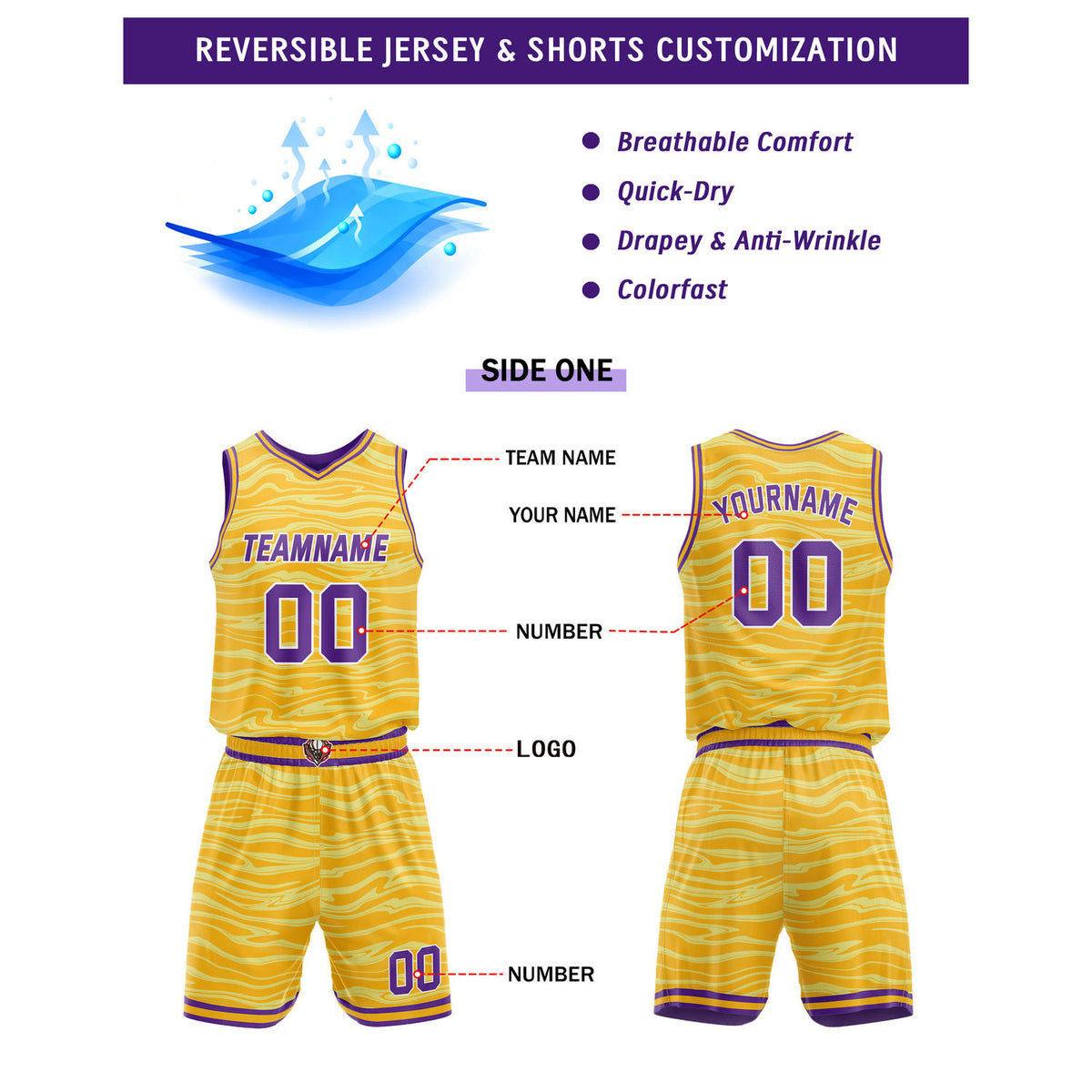 Custom Reversible Yellow & Purple Wave Basketball Jersey Set - Personalized Team Name, Number & LOGO | Vosoli