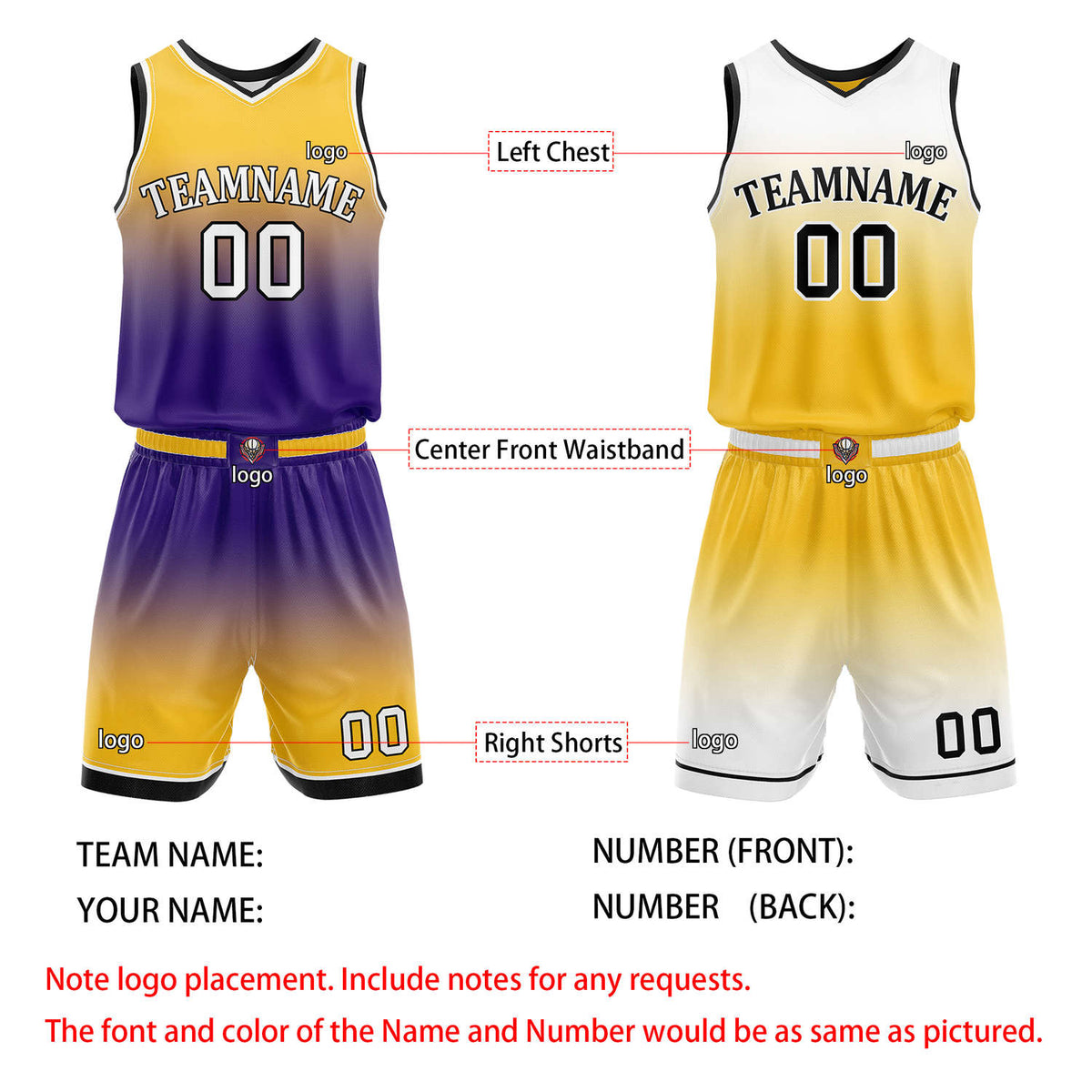 Custom Reversible Yellow Purple White Gradient Basketball Uniform Set | Team & Player Name - Vosoli