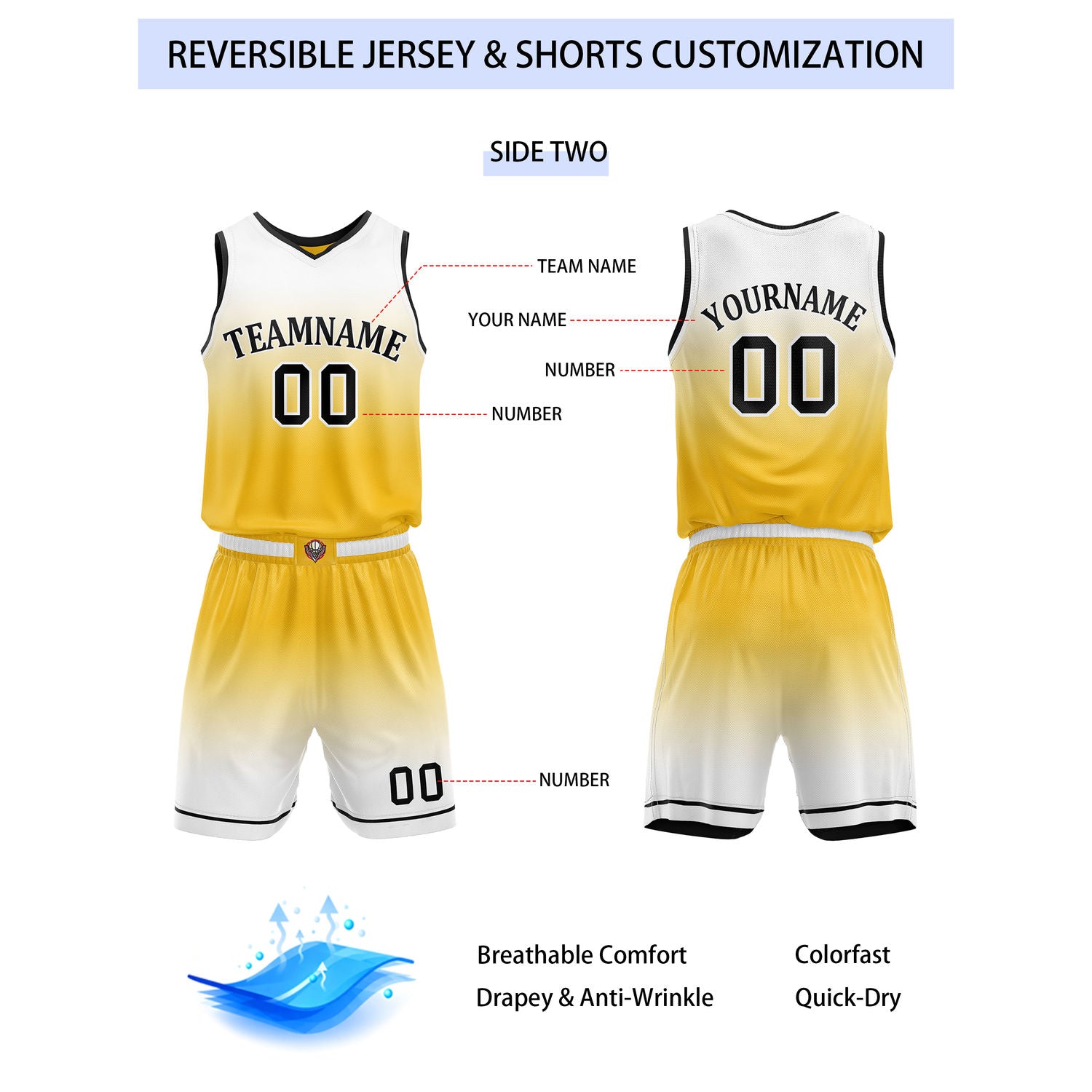 Custom Reversible Yellow Purple White Gradient Basketball Uniform Set | Team & Player Name - Vosoli