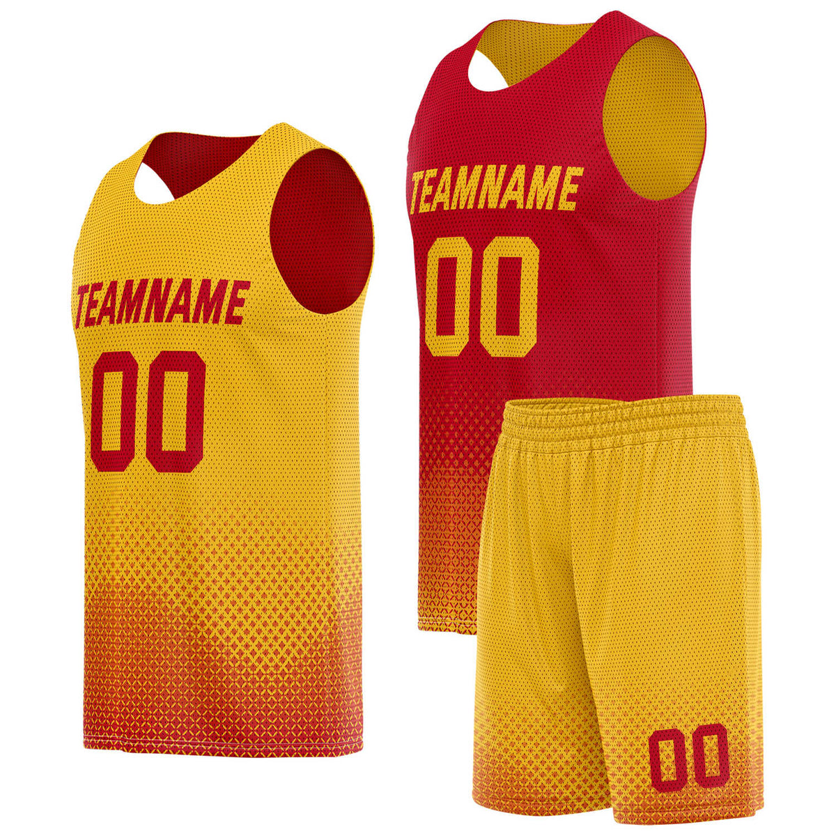 Custom reversible yellow red basketball uniform, personalized team name number logo breathable Mesh sports set for men women youth game practice wear - Vosoli