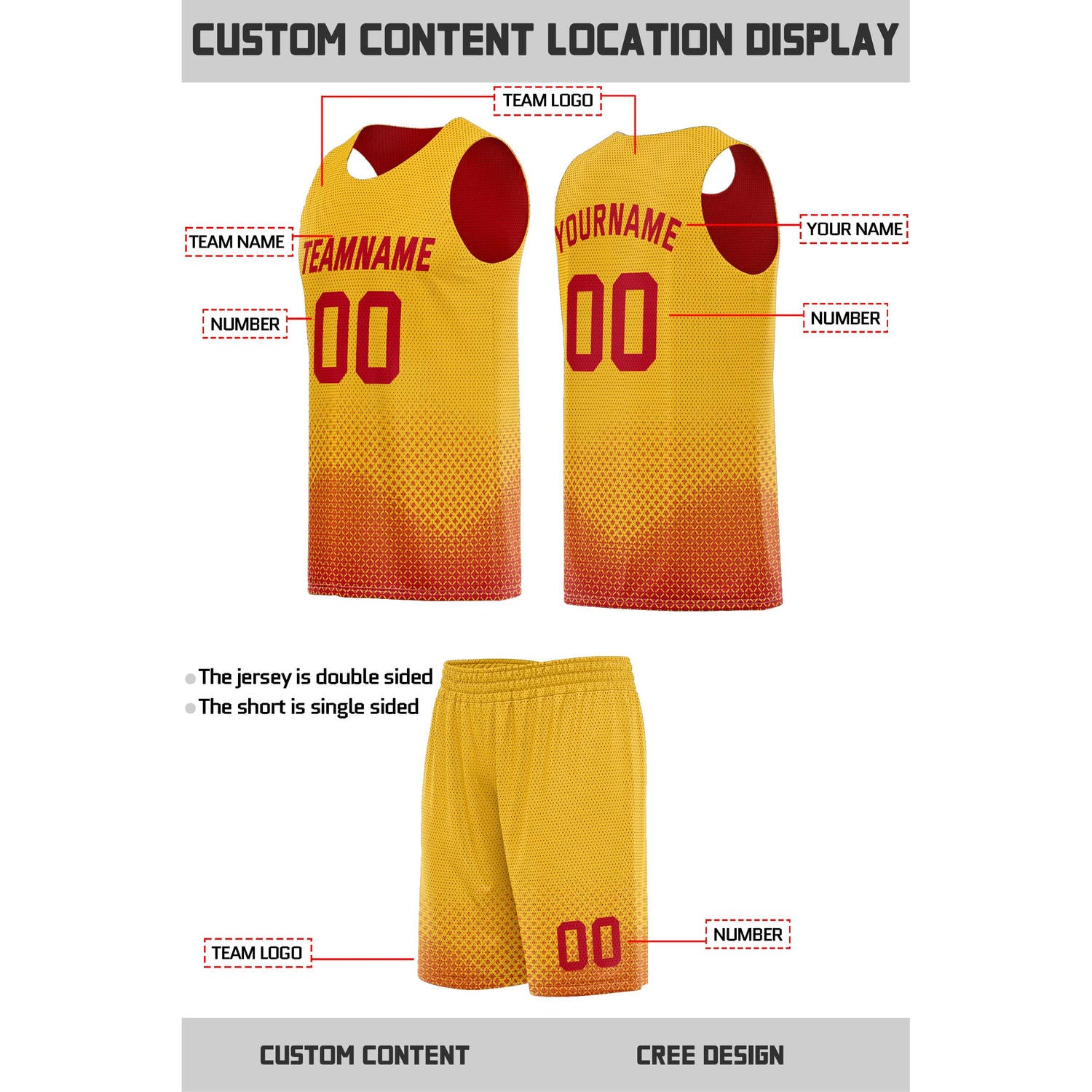 Custom reversible yellow red basketball uniform, personalized team name number logo breathable Mesh sports set for men women youth game practice wear - Vosoli