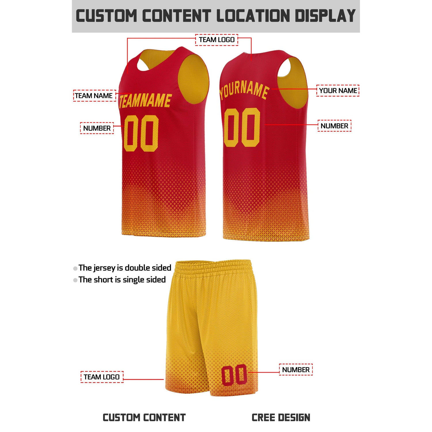 Custom Reversible Yellow & Red Mesh Basketball Uniform | Personalized Team Set | Vosoli