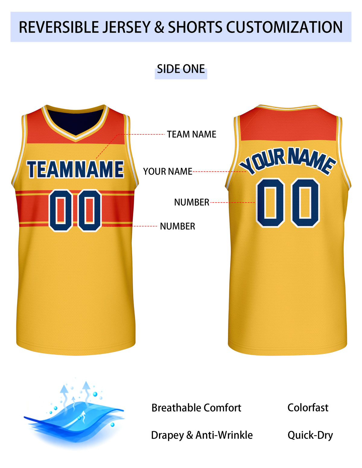 Custom Reversible Yellow Red Navy Block Basketball Jersey | Team & Player Name - Vosoli