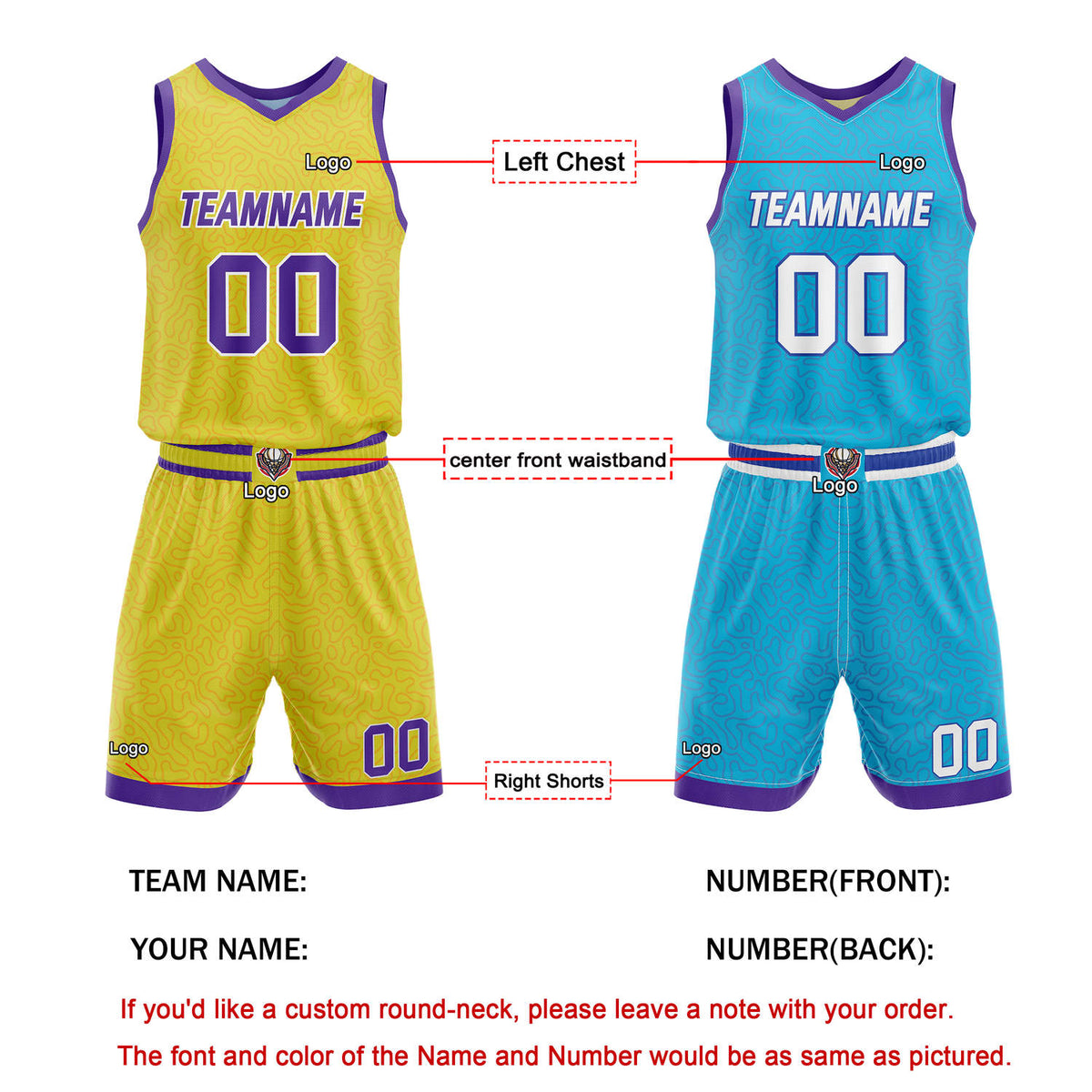 Custom Reversible Basketball Jersey + Shorts Set (Yellow & Teal & Purple Pattern) - Personalized Team Name, Number & LOGO | Vosoli