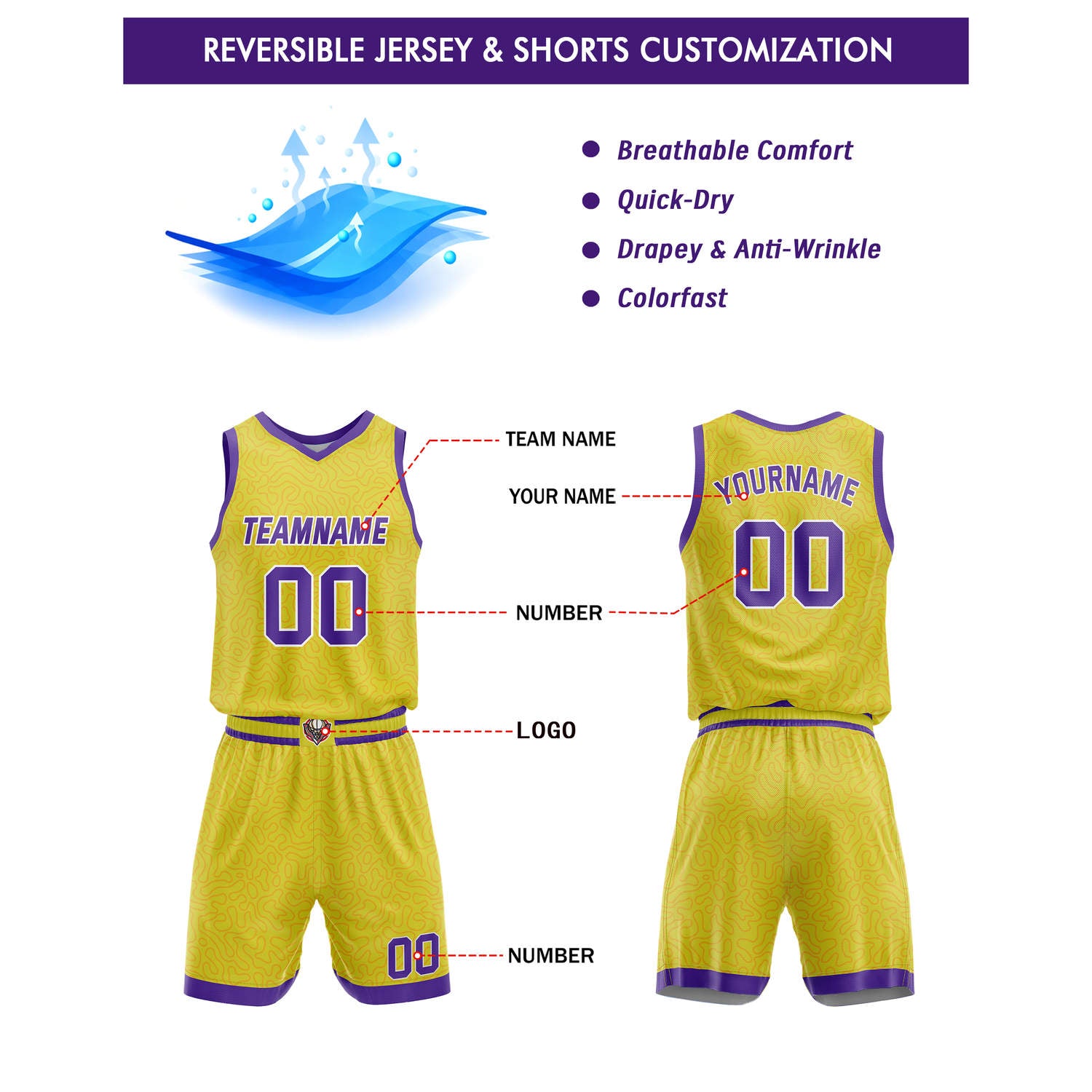 Custom Reversible Basketball Jersey + Shorts Set (Yellow & Teal & Purple Pattern) - Personalized Team Name, Number & LOGO | Vosoli