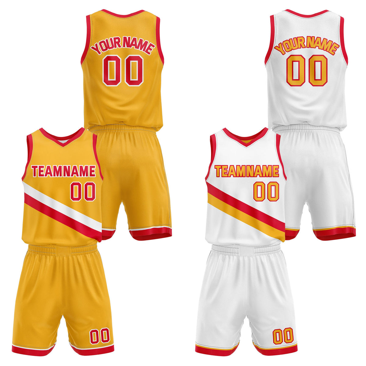 Custom Reversible Yellow White Red Basketball Uniform Set | Team &amp; Player Name - Vosoli