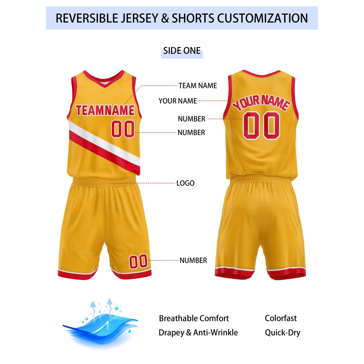 Custom Reversible Yellow White Red Basketball Uniform Set | Team & Player Name - Vosoli