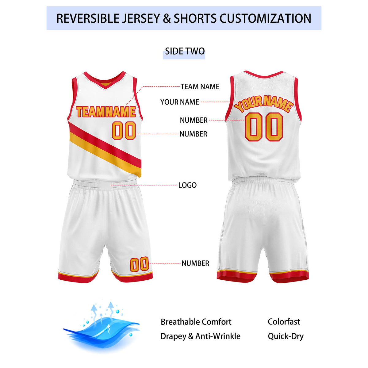 Custom Reversible Yellow White Red Basketball Uniform Set | Team & Player Name - Vosoli