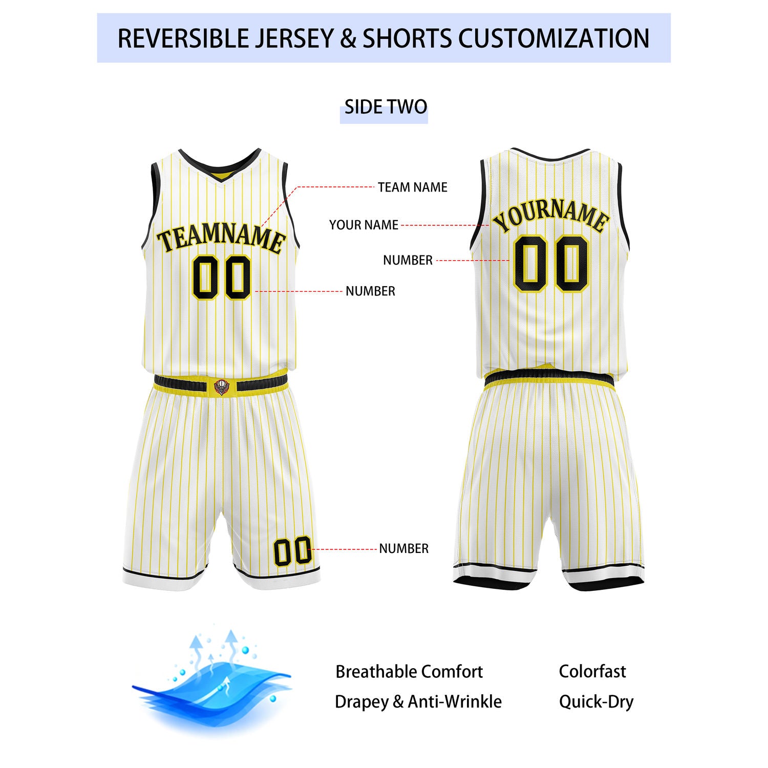 Custom Reversible Yellow White Striped Basketball Uniform Set | Team & Player Name - Vosoli