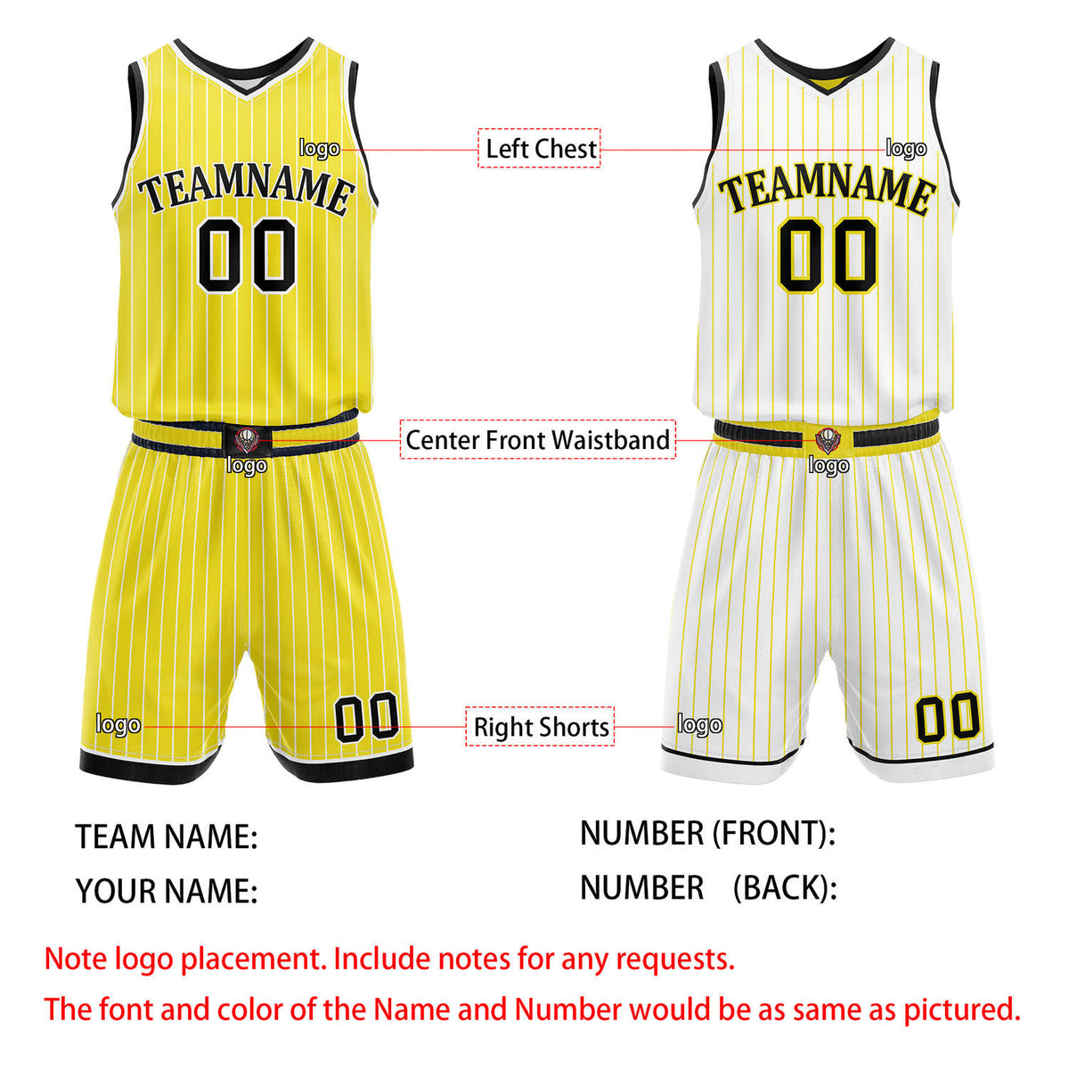Custom Reversible Yellow White Striped Basketball Uniform Set | Team & Player Name - Vosoli