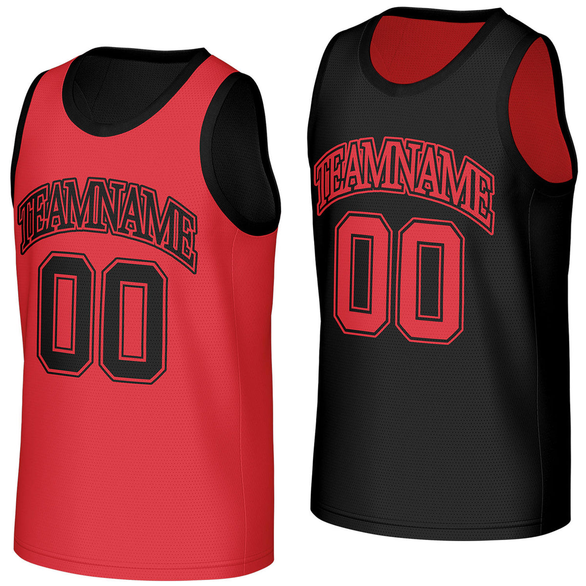 round neck basketball jerseys red black reversible by Vosoli, personalized team name, number &amp; logo, breathable mesh dual sided round neck basketball jersey for team matches