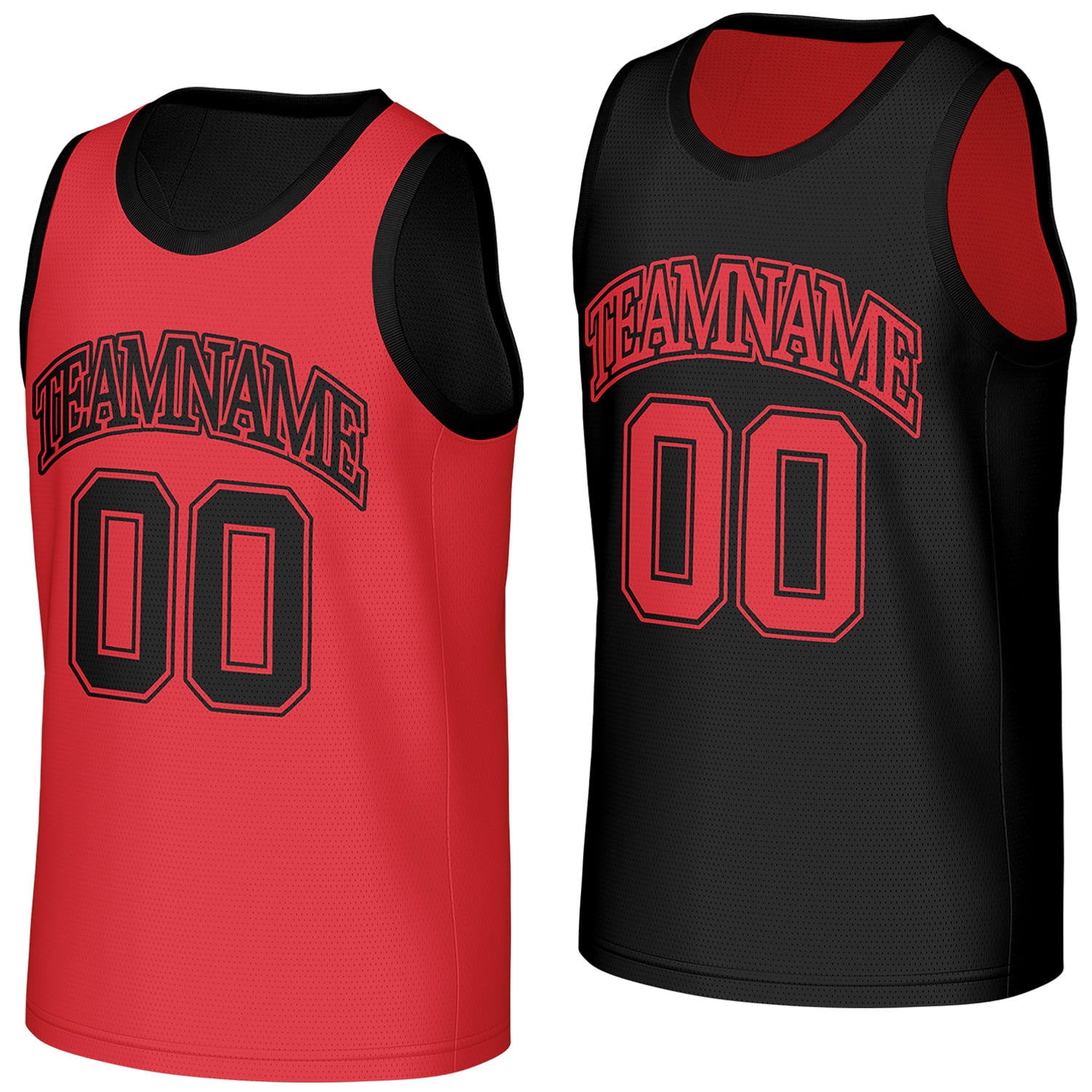 round neck basketball jerseys red black reversible by Vosoli, personalized team name, number & logo, breathable mesh dual sided round neck basketball jersey for team matches