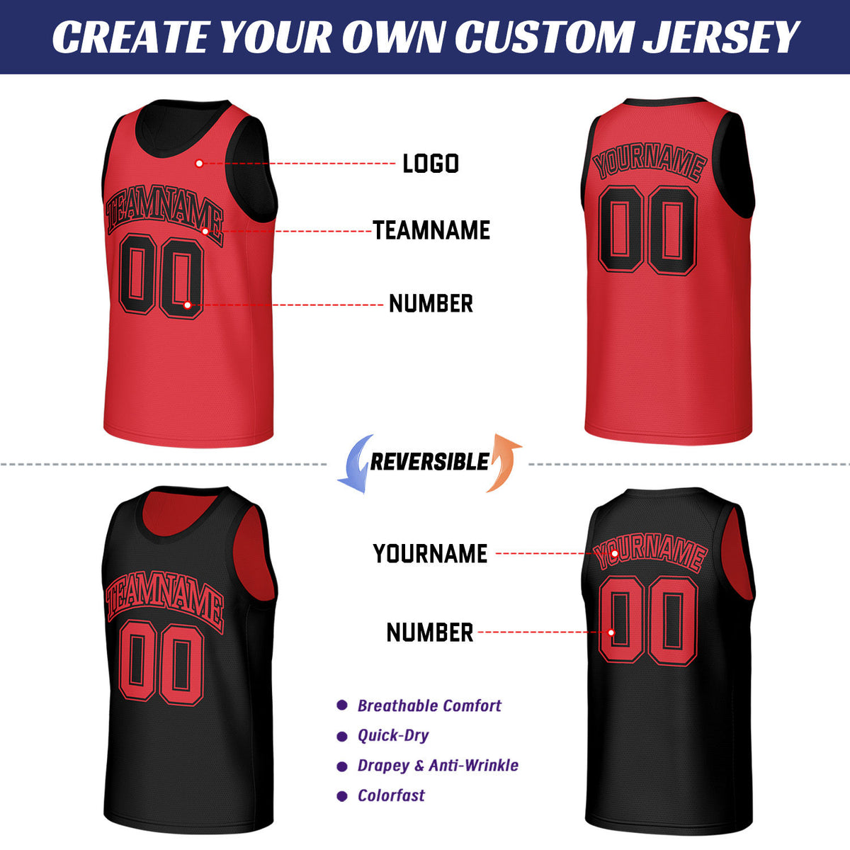 Custom Red & Black Reversible Basketball Jersey | Personalized Sleeveless Mesh Jersey for Men Women Youth