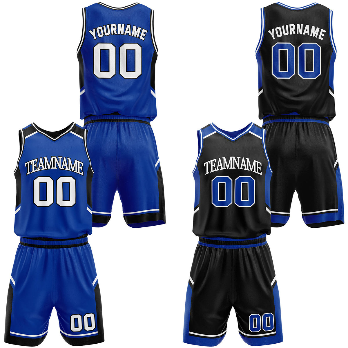 Custom royal blue and black slim fit basketball uniforms, personalized name, number and logo, breathable mesh for youth & adult.