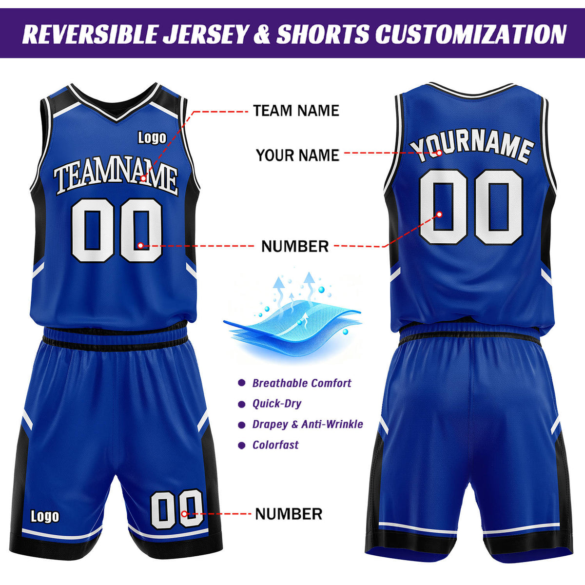 Custom Reversible Basketball Uniform Set | Royal Blue & Black V-Neck Sleeveless Jersey & Athletic Shorts