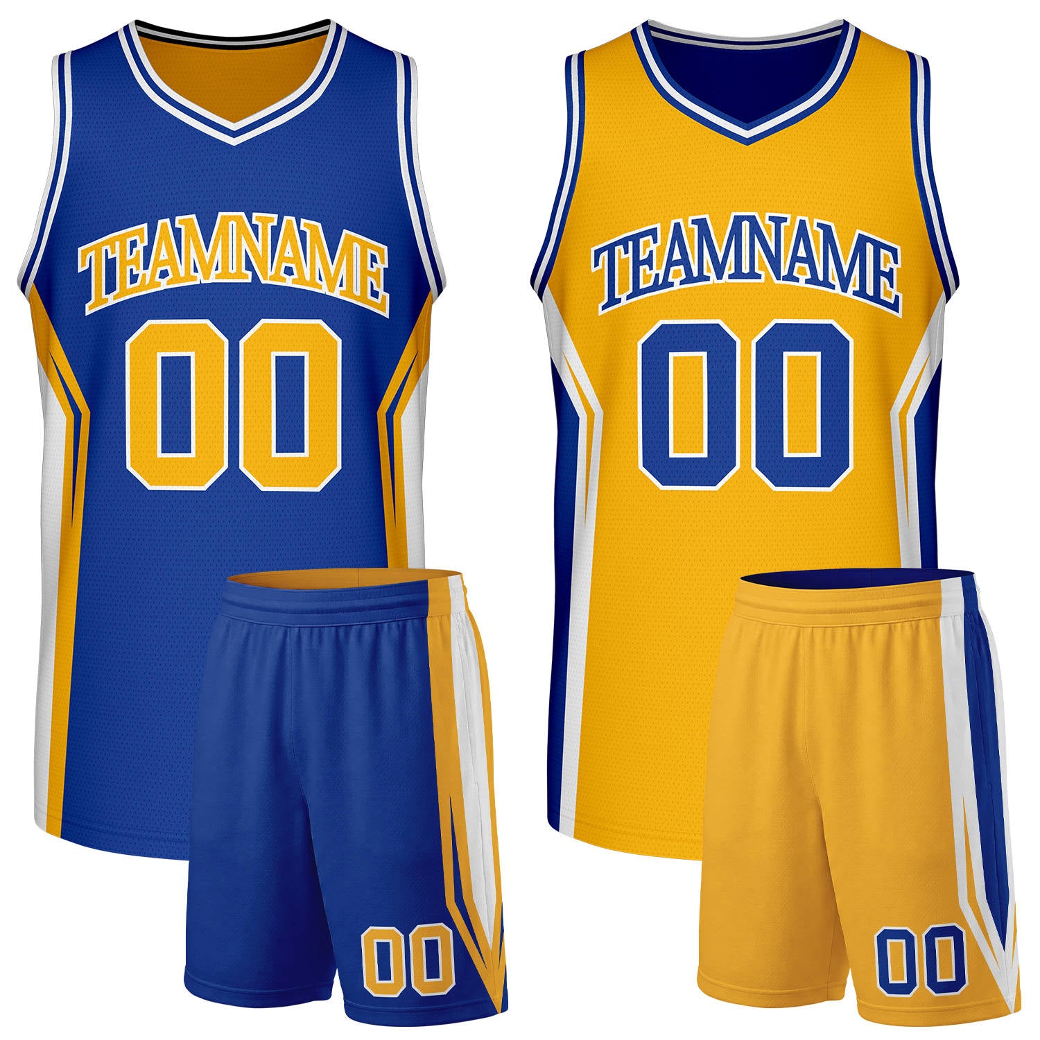 Custom royal blue and gold basketball team uniform, reversible jersey and shorts set with personalized name & number, breathable mesh for adult & youth.