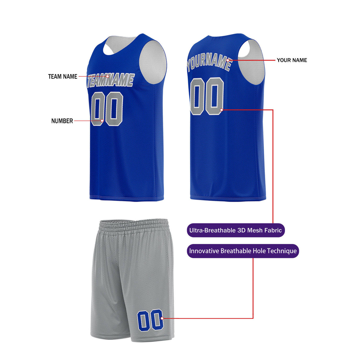 Custom Royal Blue & Gray Basketball Jersey + Shorts Set - Personalized Team Name, Number | Vosoli