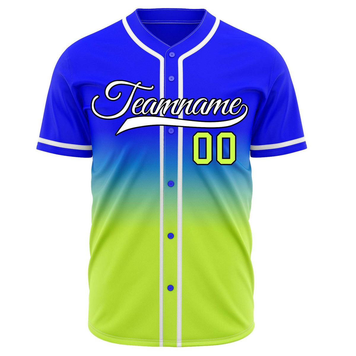 Custom blue-to-lime green gradient baseball jersey, personalized with team name and number logo, breathable mesh fabric for men and women - Vosoli